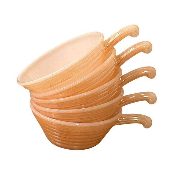 Fire King Set of Five Peach Lustre Ribbed Beehive Design Bowls with Handle - Picture 1 of 15
